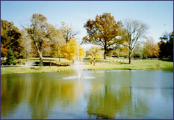 Lakeridge Hall is up the hill behind this lake